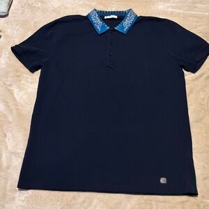 Versace Navy Polo with Blue Patterned Collar